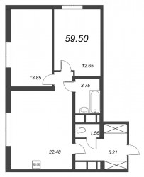 Двухкомнатная квартира 59.5 м²