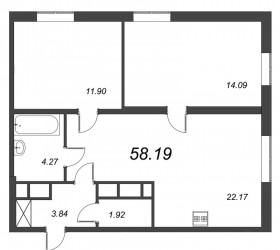 Двухкомнатная квартира 58.19 м²