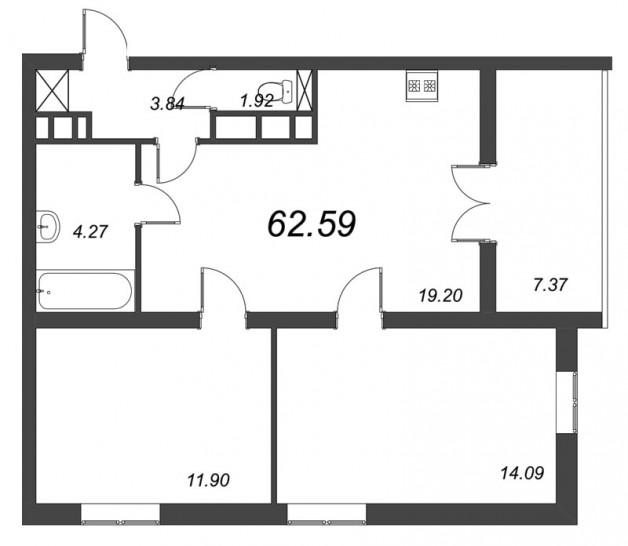 Двухкомнатная квартира 62.65 м²
