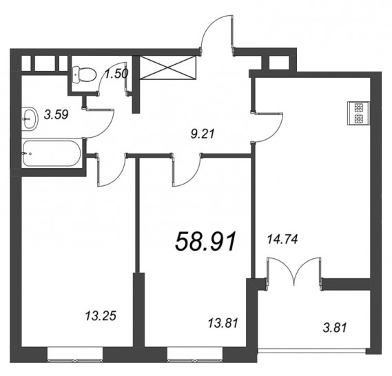 Двухкомнатная квартира 58.91 м²