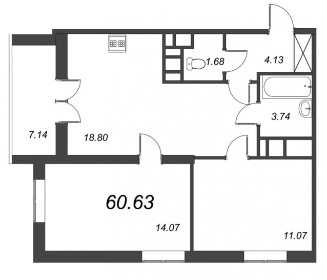 Двухкомнатная квартира 60.78 м²