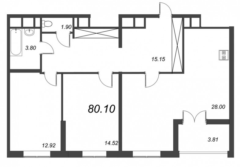 Двухкомнатная квартира 80.1 м²