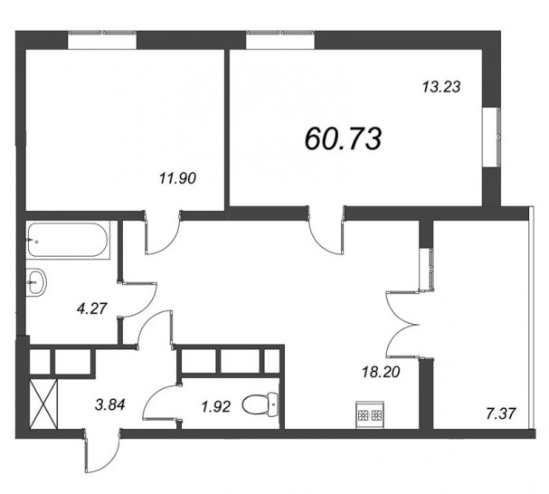 Двухкомнатная квартира 60.79 м²