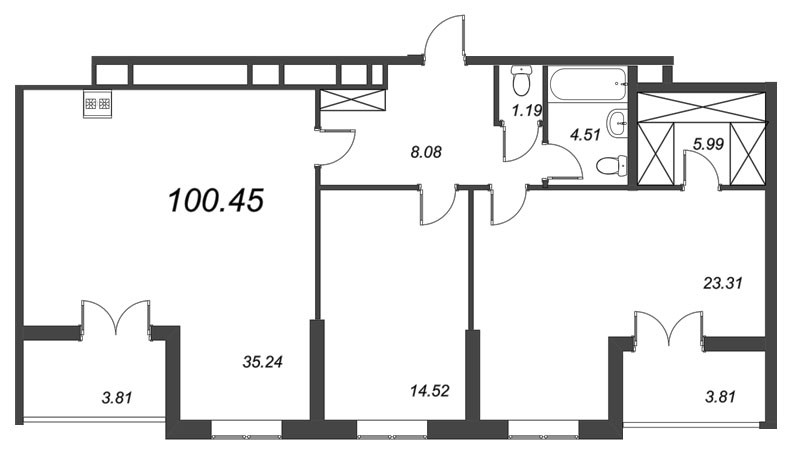 Двухкомнатная квартира 100.46 м²